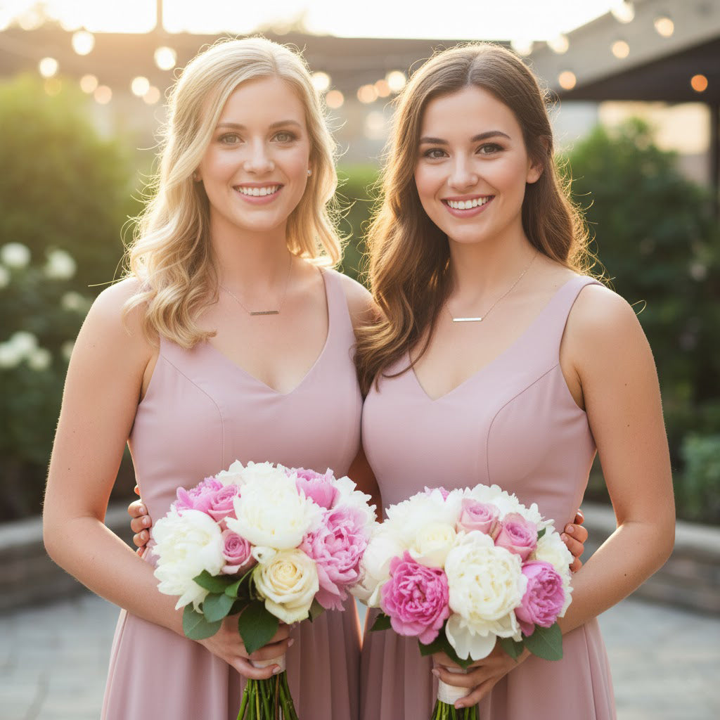 Matching morse code skinny bar necklaces worn by bridesmaids. Personalized morse code jewelry gift for bridal party, maid of honor, or sisters featuring hidden message engraving and elegant minimalist bar design.