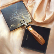 Personalized leather keychain packaged in Danique Jewelry gift box, gift-ready custom leather key fob perfect for Valentine’s Day, anniversary, wedding, or birthday gift