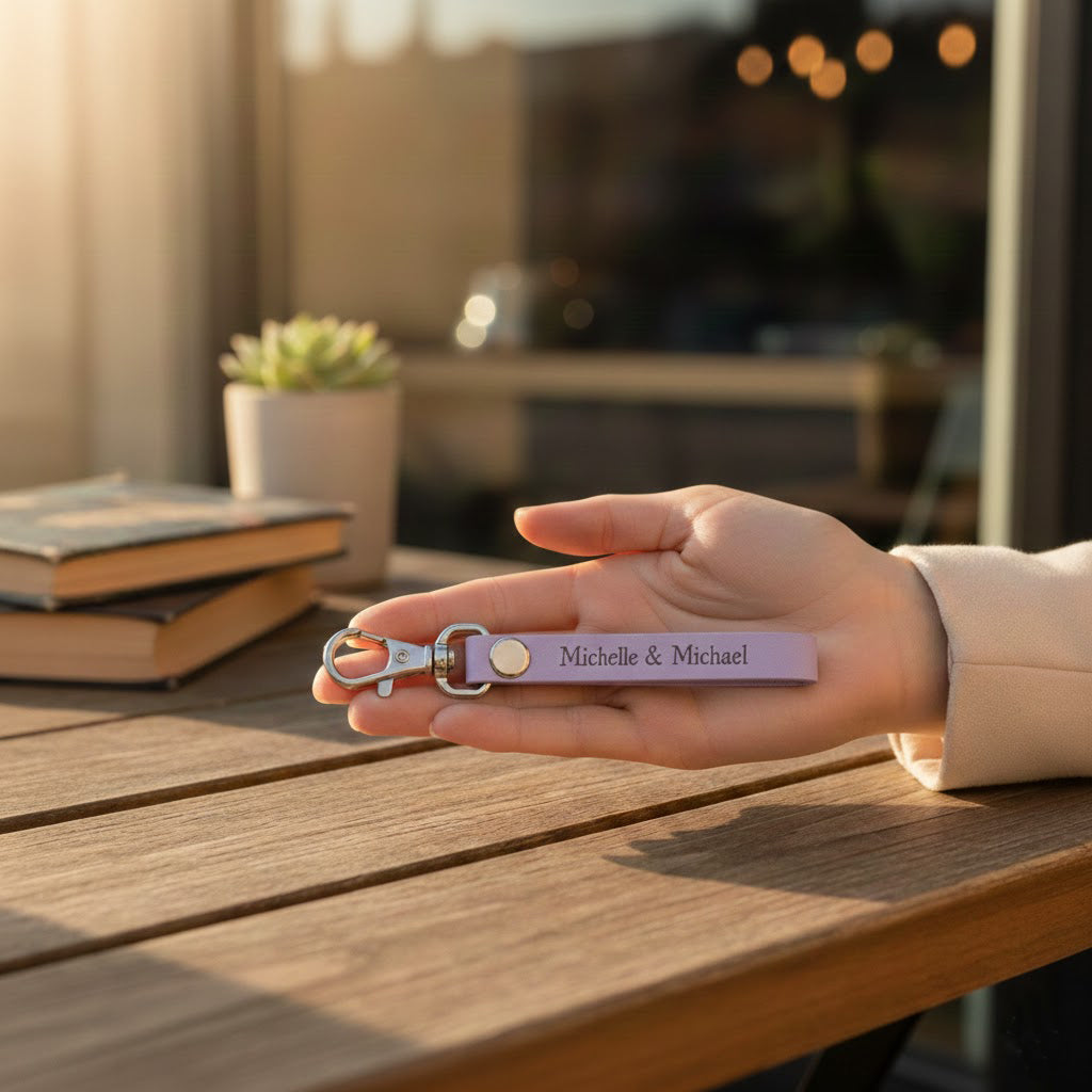 Hand holding custom engraved leather keychain with name personalization, minimalist leather key fob gift for couples, partners, and loved ones
