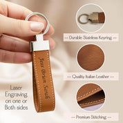 Close-up showing leather texture, stitching, premium stainless steel key ring, and laser engraving depth on honey leather keychain, highlighting quality craftsmanship and personalization options.