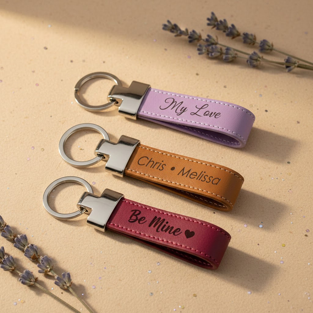 Custom engraved leather keychains with personalized names and messages in multiple colors, displayed on a neutral background with lavender accents
