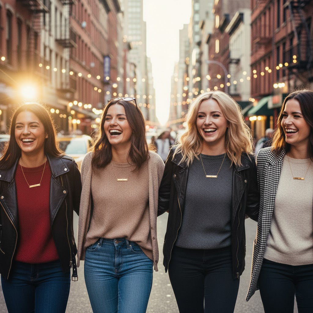 Group of friends walking in city wearing matching skyline bar necklaces, personalized skyline jewelry for bridesmaids or best friends.