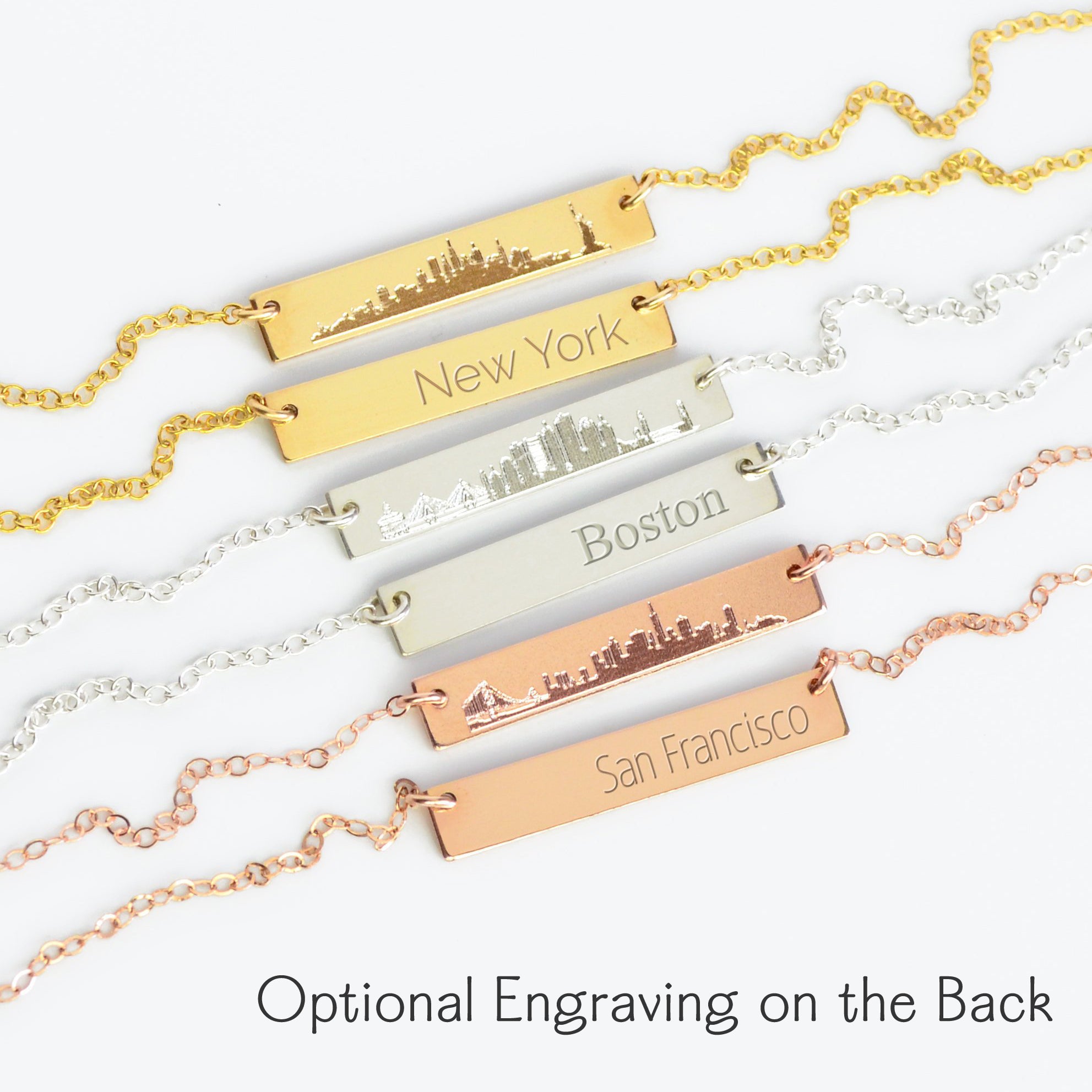 Custom skyline bar necklaces with optional back engraving, personalized city bar pendant in gold silver rose gold, travel inspired jewelry.