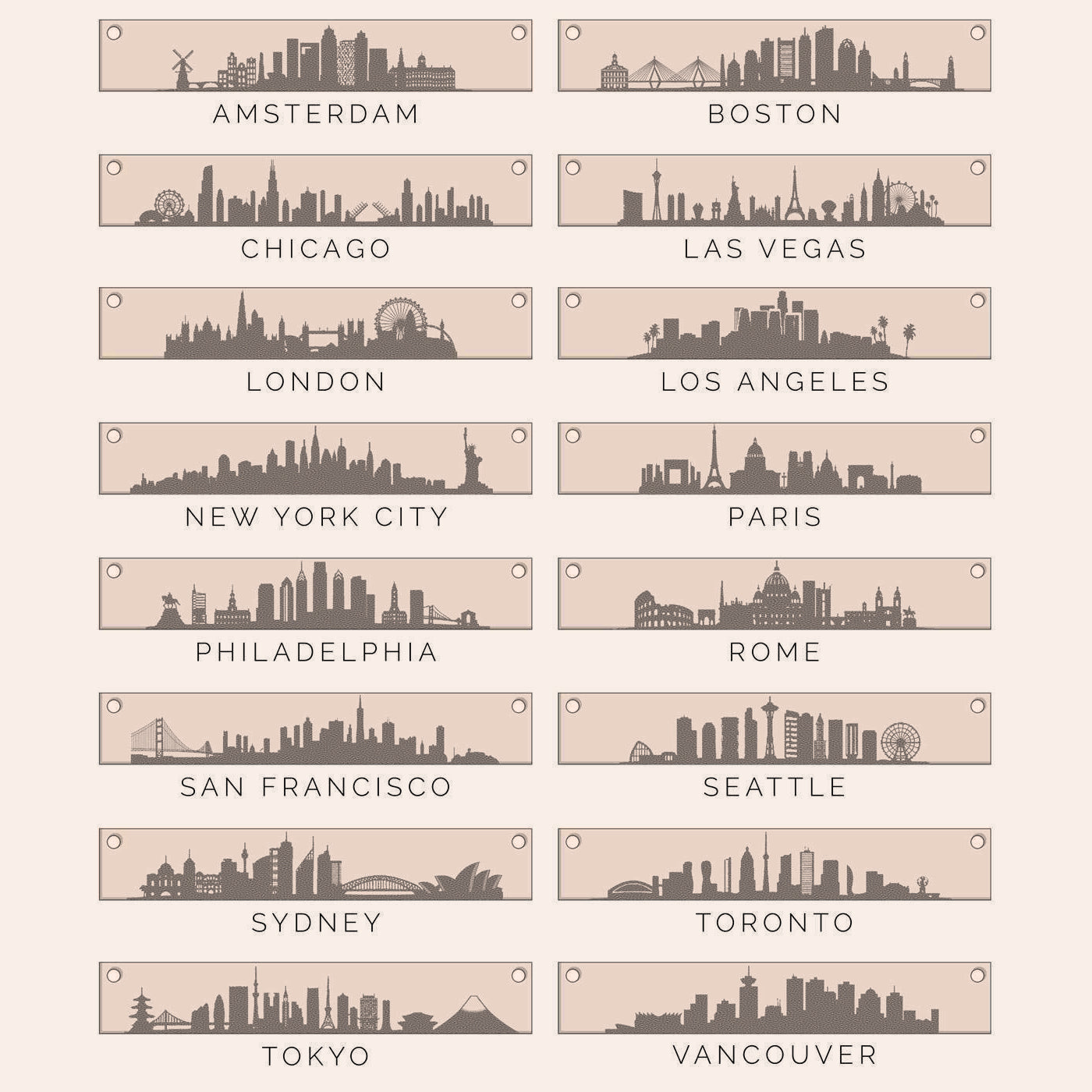 City skyline engraving chart showing available skyline options for custom bar necklace including New York, Paris, London, and more.