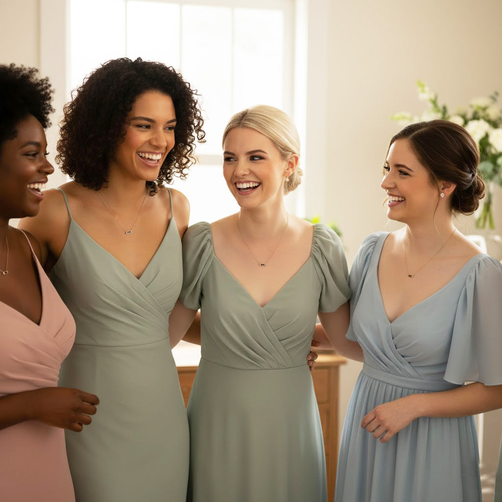Bridesmaid group wearing Tiny Adira birthstone bar necklaces in gold vermeil, showcasing coordinated personalized gemstone jewelry for wedding parties. Features petite faceted birthstone bars in various colors, making them perfect bridal party gifts, birthday jewelry, or minimal everyday pieces with meaningful personalization.