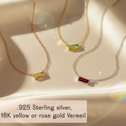 tiny adira birthstone bar necklaces displayed on soft champagne satin, featuring three horizontal gemstone bars in yellow, green and deep red set in different metal finishes, including 925 sterling silver, 18k yellow gold vermeil and 18k rose gold vermeil, each on a delicate chain, showcasing the minimalist tiny birthstone bar necklace design, customizable for any birth month and perfect as a dainty everyday piece or personalized gift for women