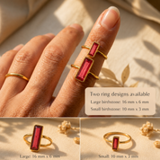 Large and small ruby quartz Adira ring designs shown with birthstone size details.
