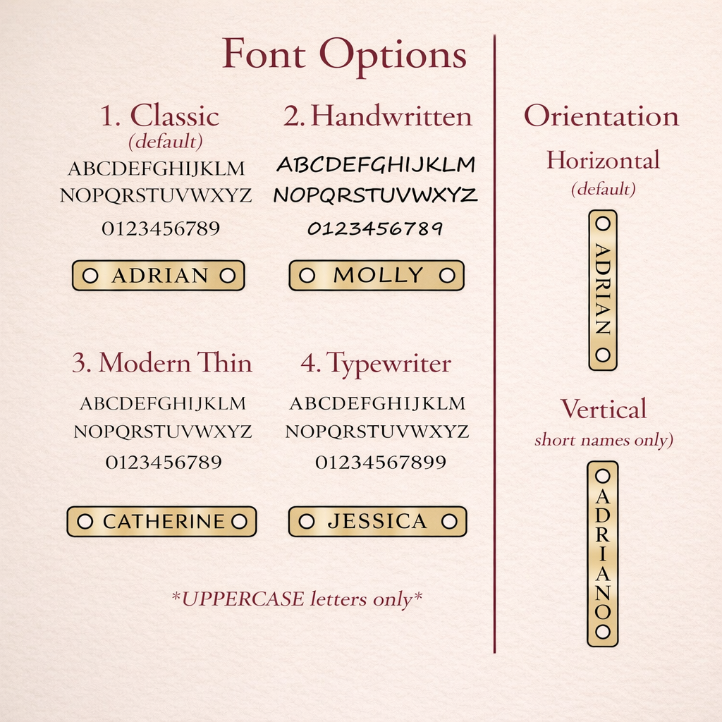 Font options for custom engraved bar necklace for mom with birthstones, personalized family necklace engraving styles and bar orientation