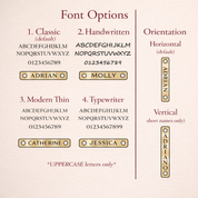 Font options for custom engraved bar necklace for mom with birthstones, personalized family necklace engraving styles and bar orientation