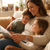 Mother relaxing with two children while wearing a personalized family birthstone bracelet with engraved name charms.