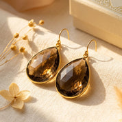 Large smoky quartz drop earrings in gold vermeil with elegant teardrop design