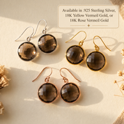 Large round Smoky Quartz earrings shown in multiple silver and gold metal finishes.
