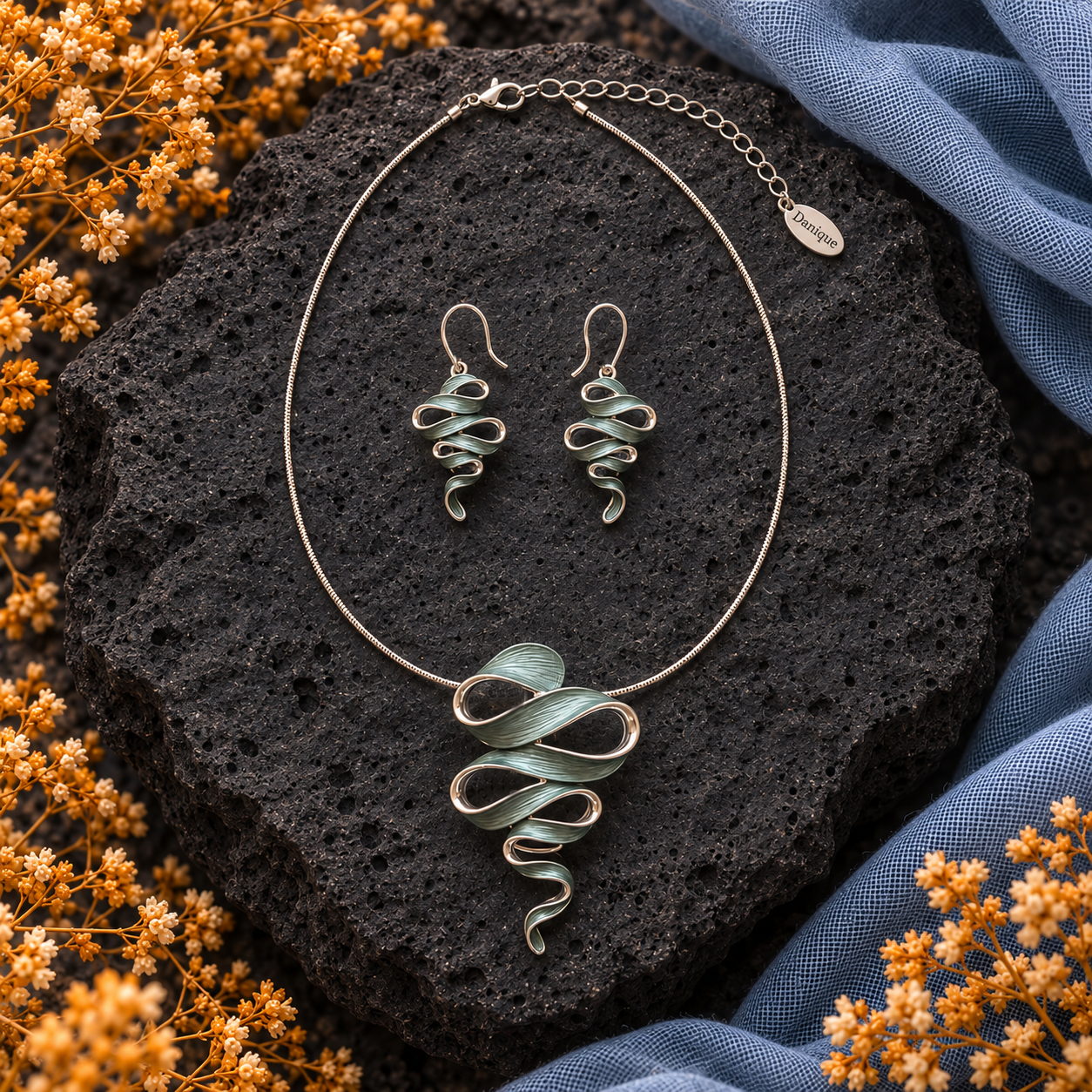 Natural Sage Ribbon Cascade necklace and matching earrings displayed on dark stone

