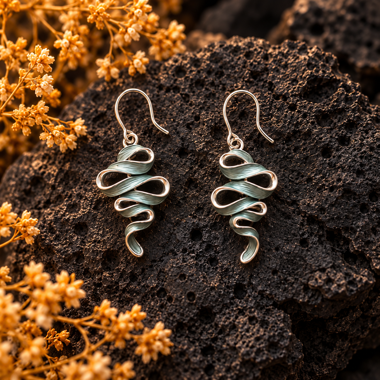 Natural Sage sculptural Ribbon Cascade drop earrings on dark textured stone

