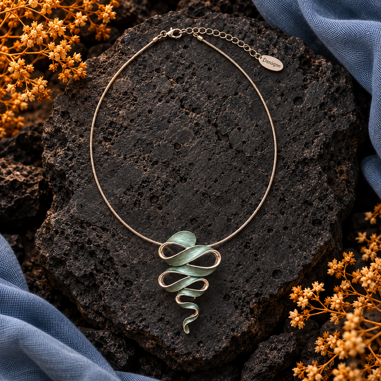 Full Natural Sage Ribbon Cascade pendant necklace displayed on dark stone

