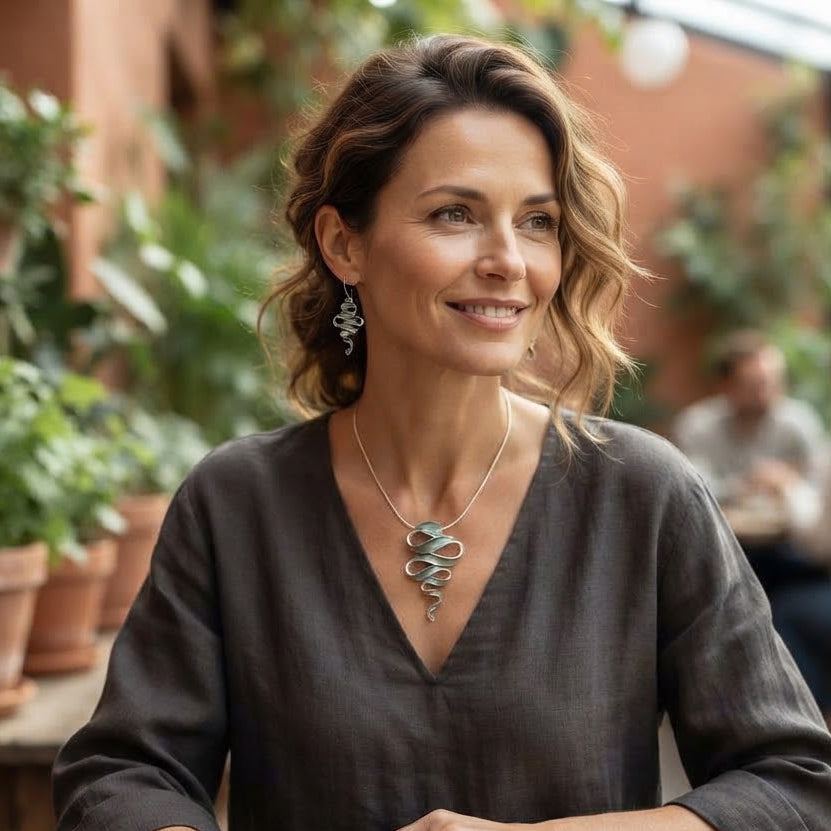Woman wearing Natural Sage sculptural Ribbon Cascade necklace and earrings with dark brown blouse
