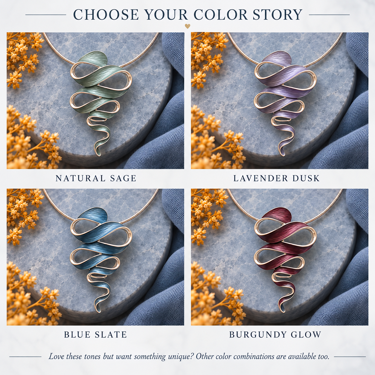 Ribbon Cascade necklace color options in Natural Sage Lavender Dusk Blue Slate and Burgundy Glow

