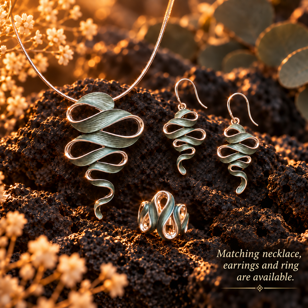 Ribbon Cascade matching necklace earrings and adjustable ring in Natural Sage on dark stone

