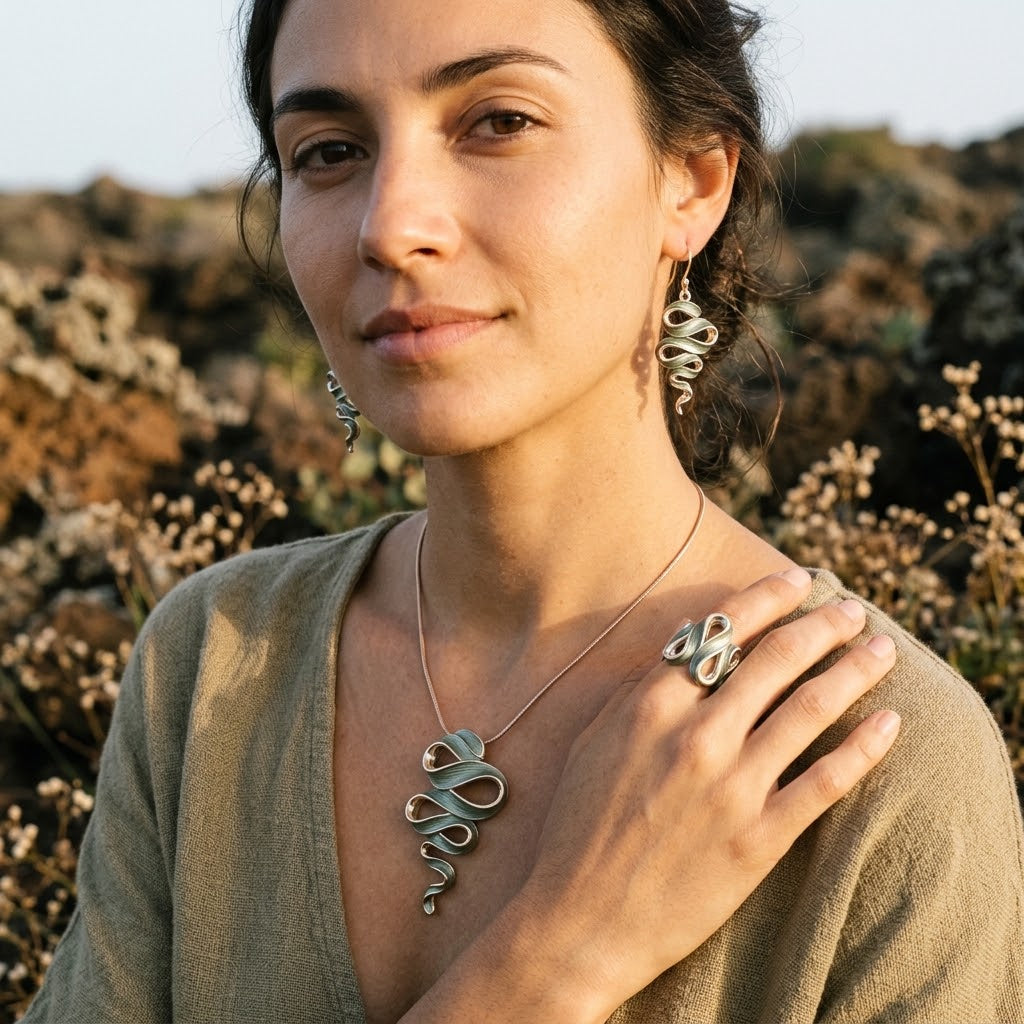 Woman wearing Natural Sage sculptural Ribbon Cascade necklace, ring and earrings with cream blouse