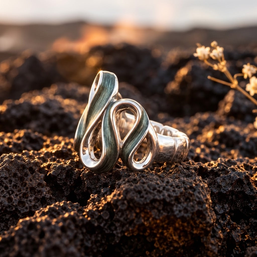 Side view of Natural Sage Ribbon Cascade adjustable ring with layered sculptural loops

