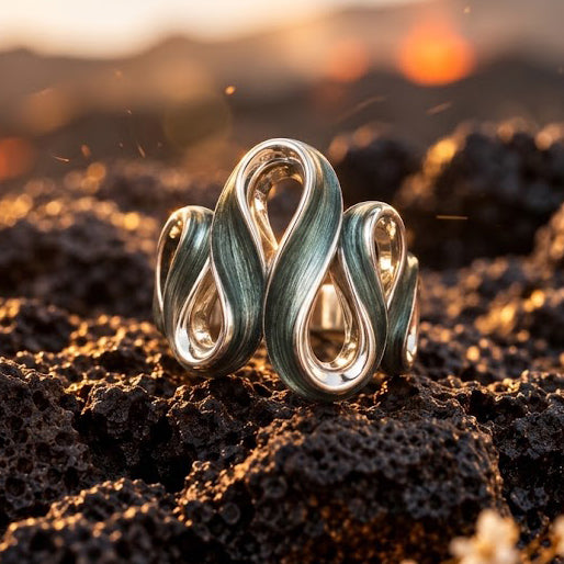 Natural Sage Ribbon Cascade sculptural adjustable ring displayed on dark textured stone