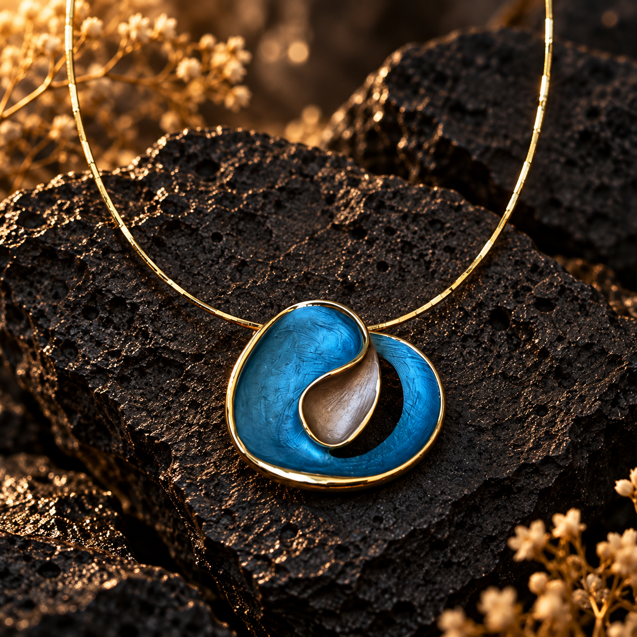 Ocean Breeze Sculptural Loop pendant necklace with blue and warm metallic abstract curves on dark stone

