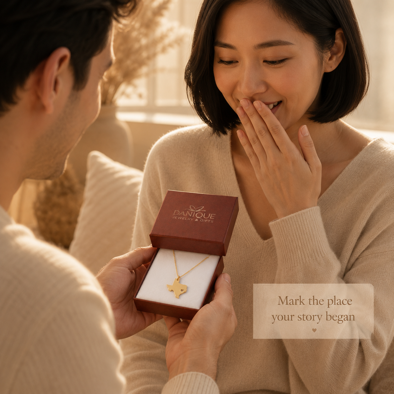 Personalized state necklace presented in a Danique Jewelry gift box