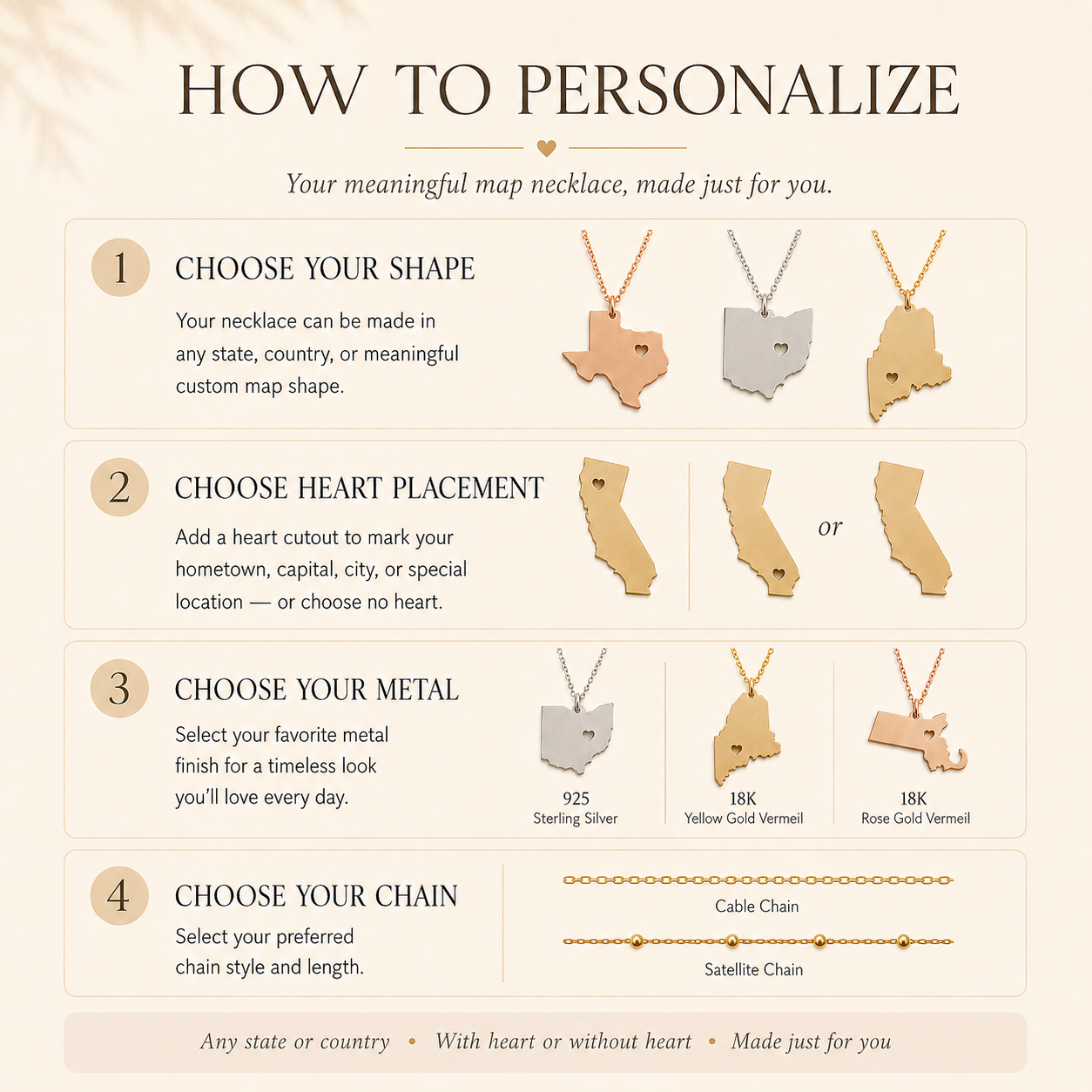 How to personalize a custom state or county necklace with shape, heart and metal options