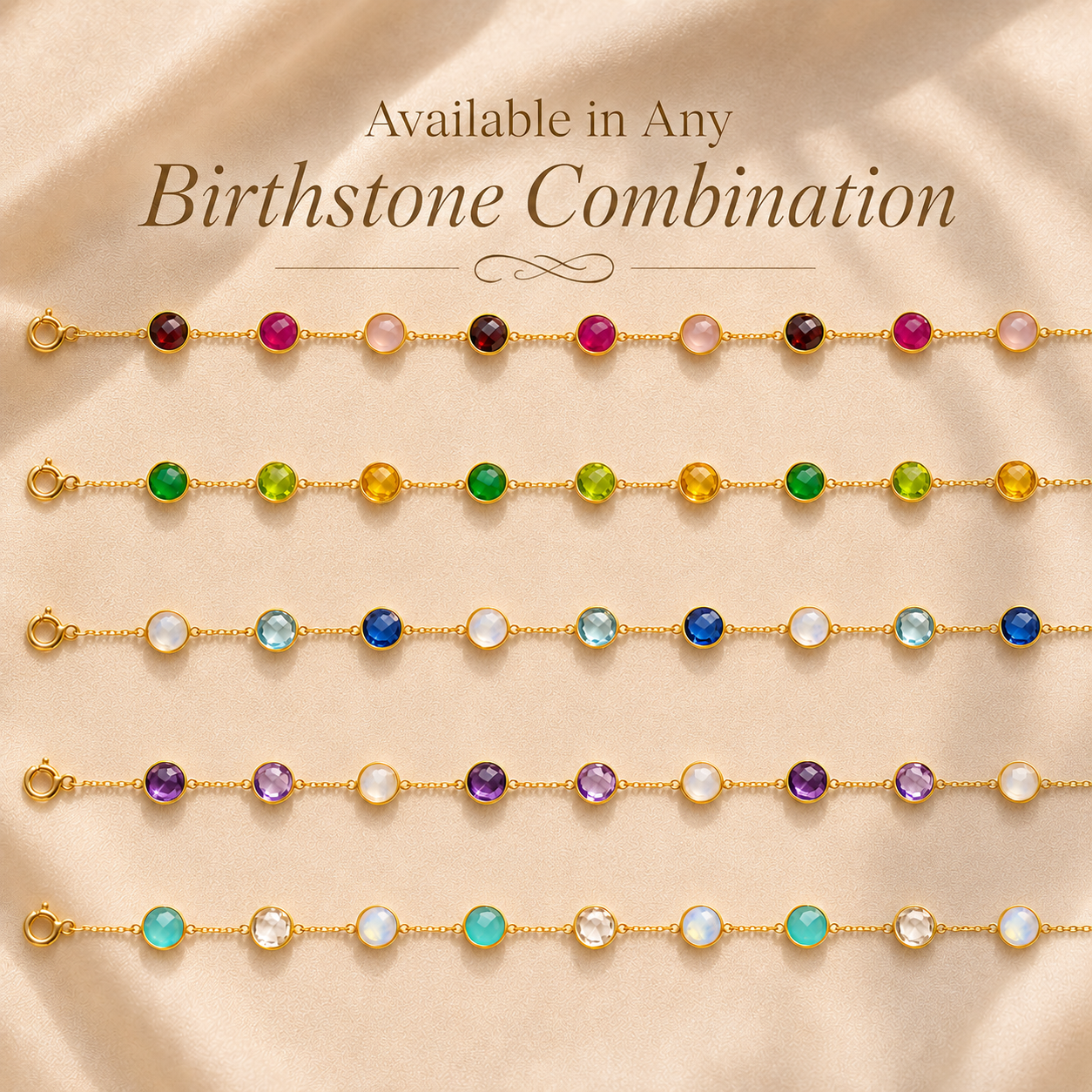 Personalized station necklaces shown in coordinated birthstone combinations with colorful natural gemstone connectors