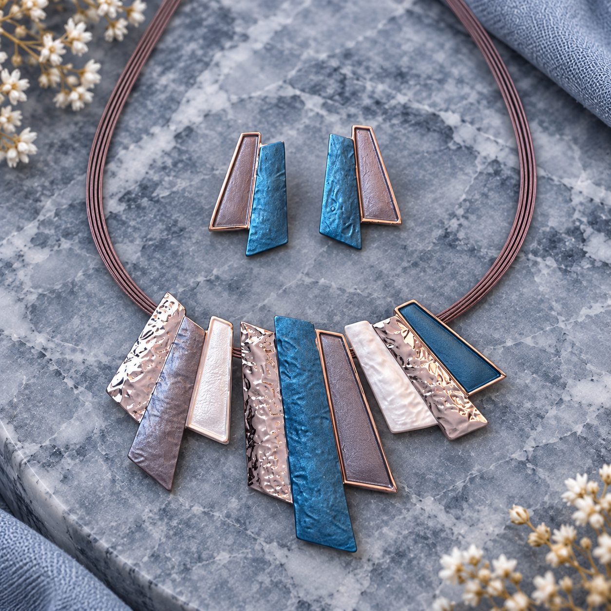 Modernist Fan geometric necklace and matching stud earrings in Ocean Breeze teal blue pearl gray and rose gold tones

