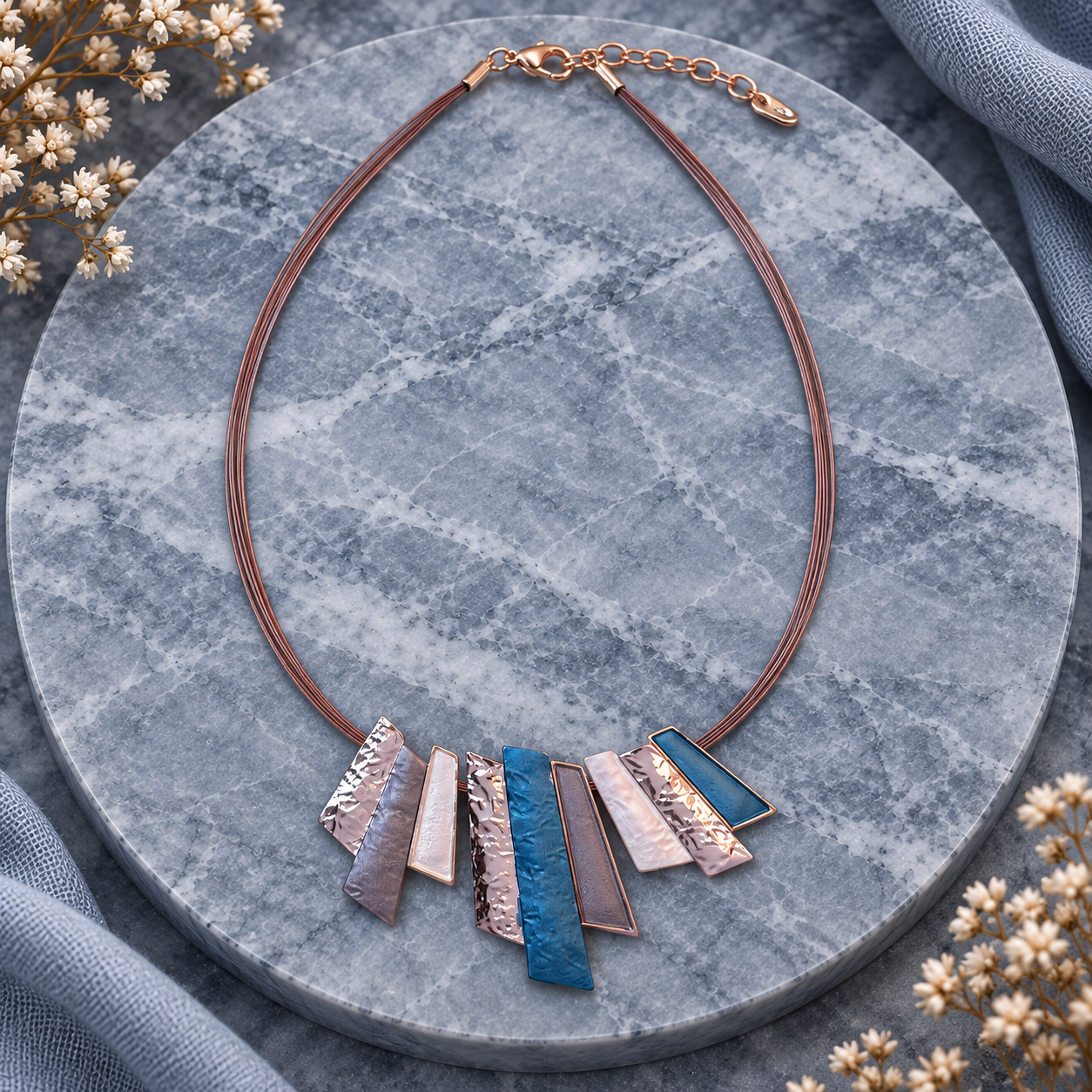 Full Ocean Breeze Modernist Fan statement necklace with adjustable rose gold tone chain