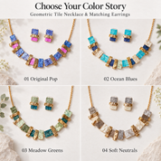 Boho Stacked Squares Necklace & Stud Earrings Set, Custom Color Geometric Statement Jewelry