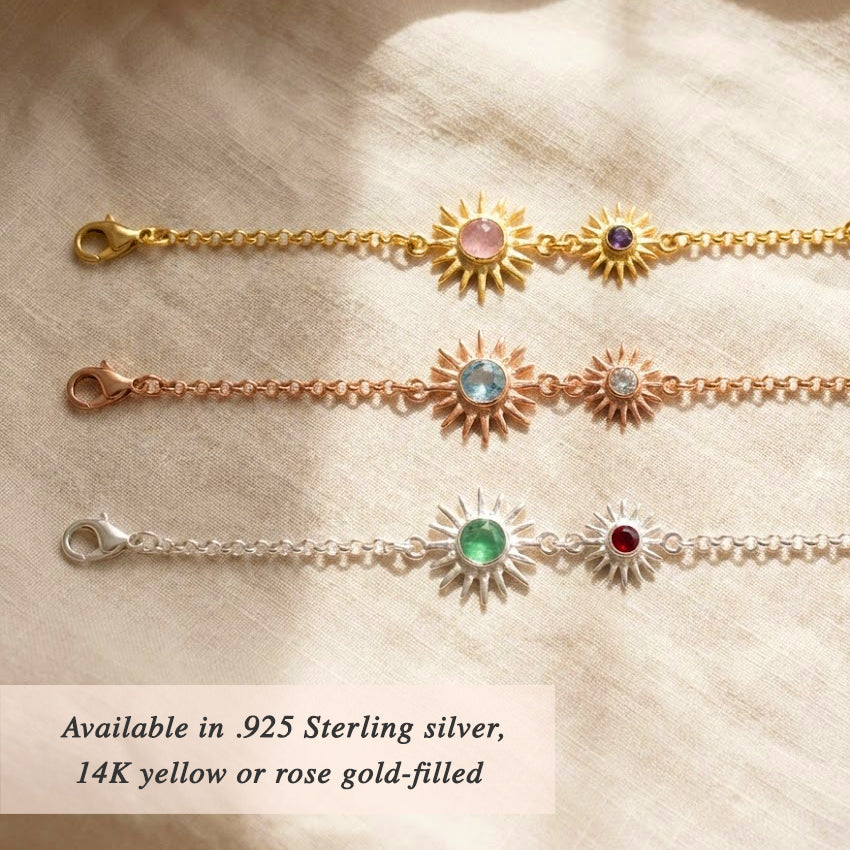 Sunburst birthstone bracelet shown in sterling silver, 18k gold vermeil, and 18k rose gold finishes. Custom family bracelet with faceted gemstones representing mom and children, available in multiple metal options.