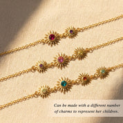 Custom sunburst birthstone bracelet shown with different gemstone combinations and charm counts to represent one or more children. Personalized family bracelet for moms, grandmas, and meaningful gifting.