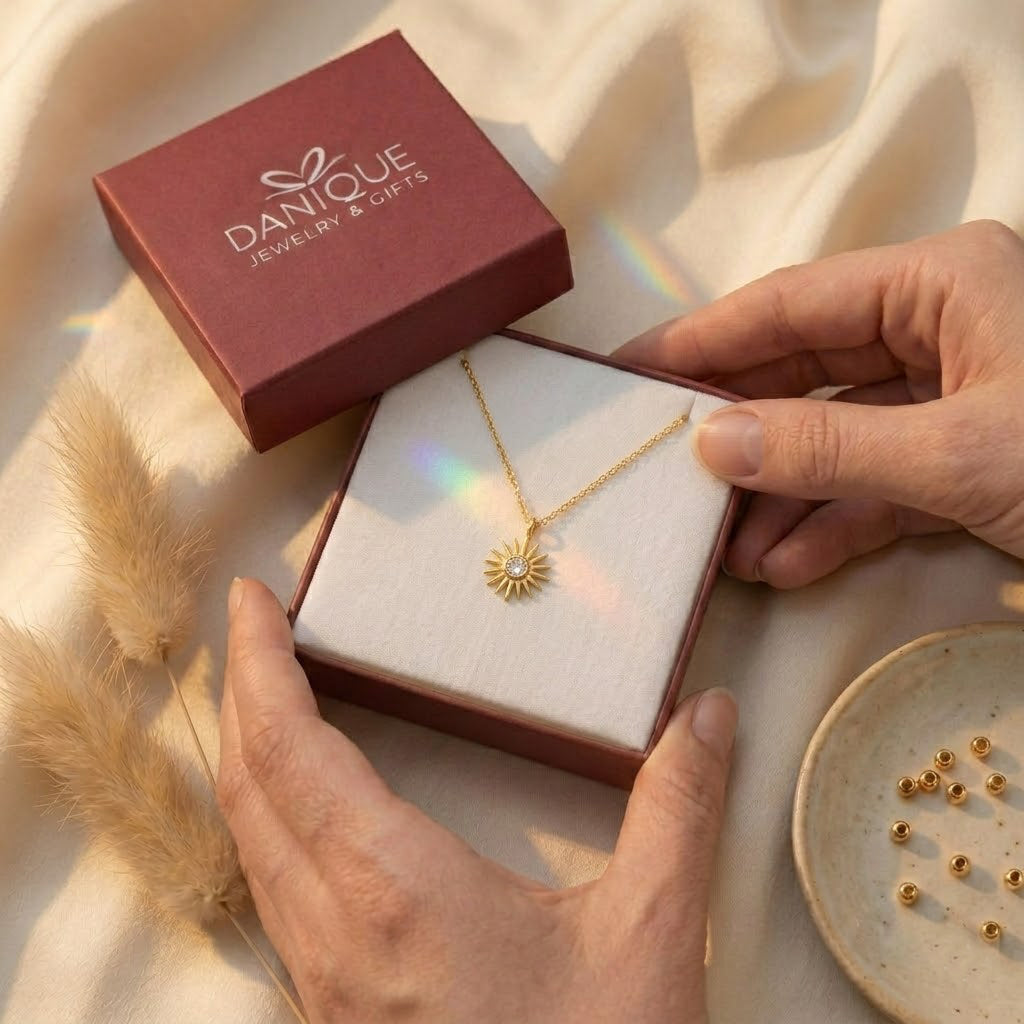 Danique Jewelry gift box with custom birthstone sunburst necklace ready for gifting