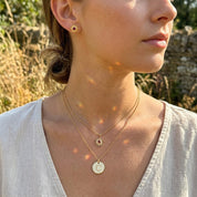Model wearing a tiny birthstone necklace layered with a small disc pendant, showing minimalist everyday necklace styling.