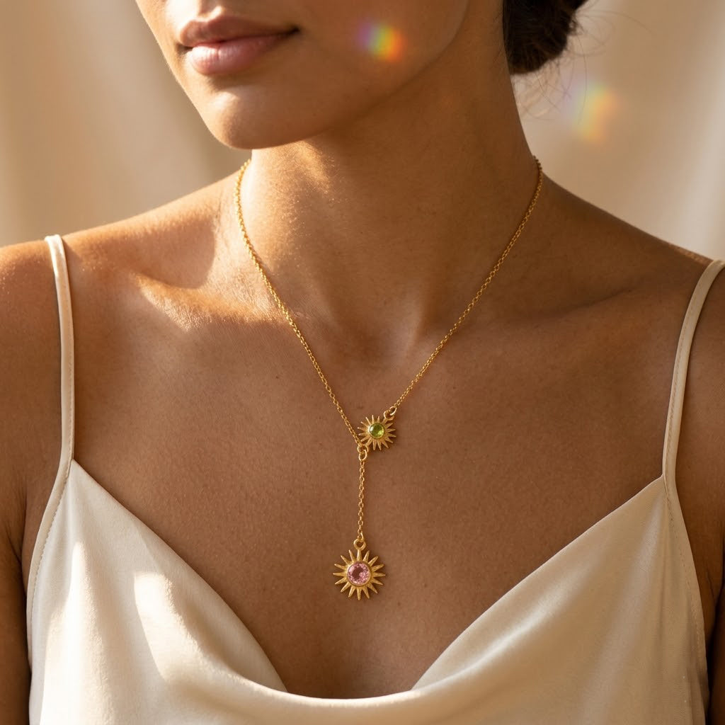 Sunburst birthstone lariat necklace with mother and child gemstone charms