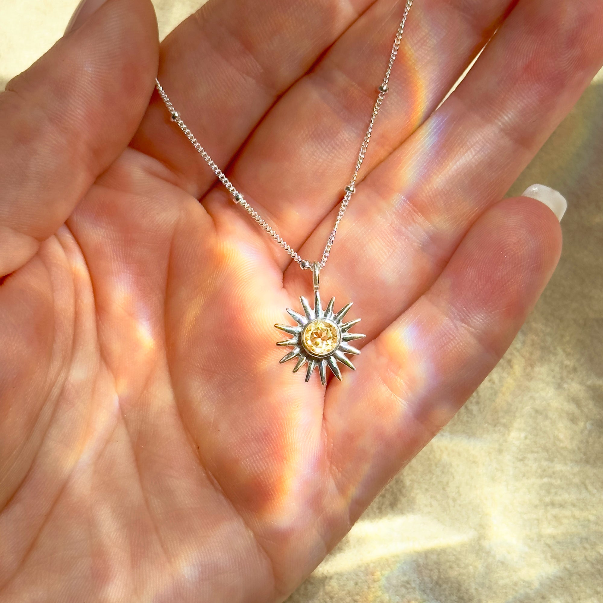 Sunburst Birthstone Necklace [5mm], Custom Sunshine Pendant, Dainty Gold Necklace for Her, Personalized Jewelry Gift for Mom or Friend