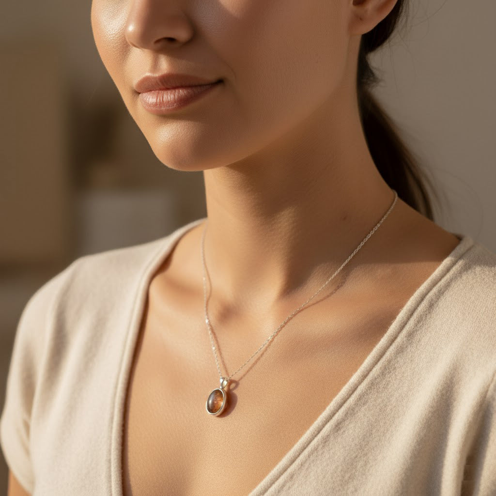 Woman wearing a dainty oval sunstone necklace in sterling silver, the warm coppery gemstone catching the light against her skin as she poses in soft natural sunlight. Minimalist bezel-set sunstone pendant on a delicate silver chain, perfect for everyday wear or layering, a meaningful boho gemstone jewelry gift for her, mom, sister or best friend for birthdays, anniversaries, Christmas or Mother’s Day.