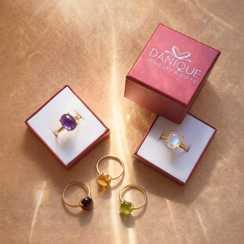 Tanzanite cabochon ring displayed in Danique Jewelry signature gift-ready packaging.
