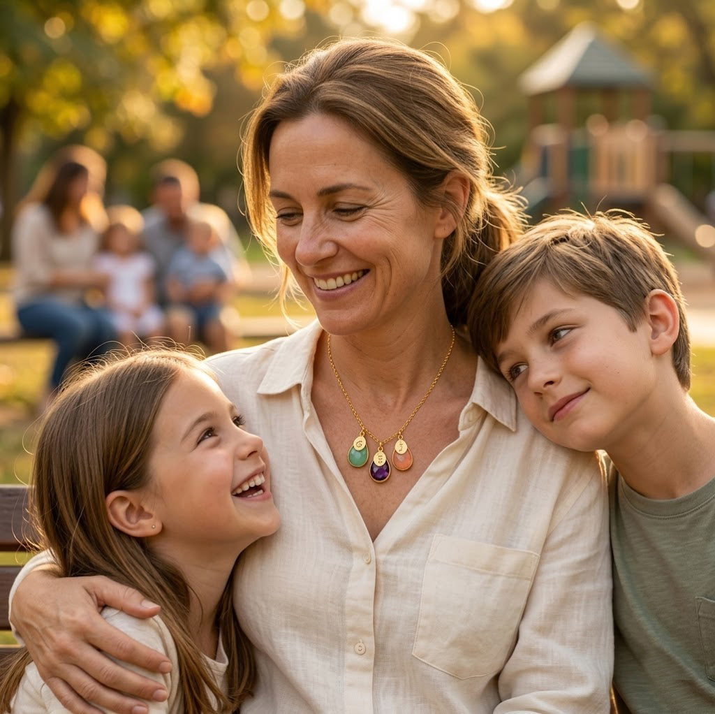 mother with children wearing custom birthstone necklace sentimental family jewelry gift for mom
