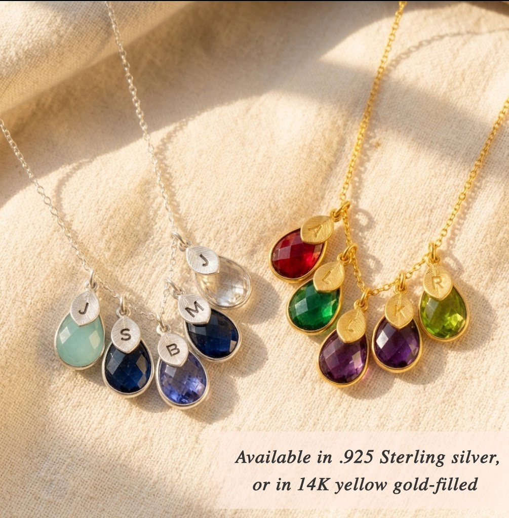 meaningful gift for her
birthstone necklace available in gold and silver 