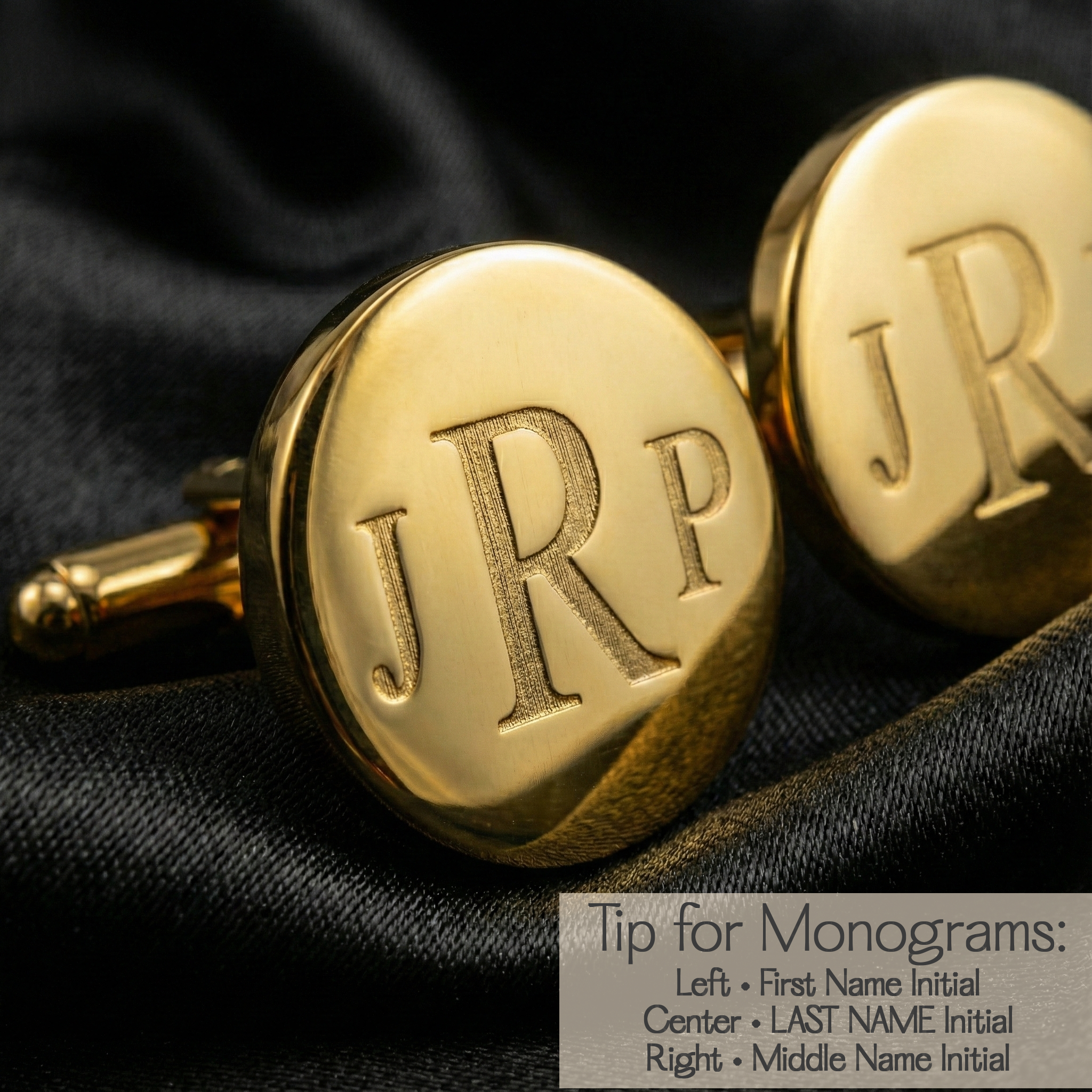 Gold tone stainless steel cufflinks custom engraved with initials or a short message, combining modern elegance with durability, making them a meaningful wedding gift for the groom, best man, father of the bride, or anniversary celebration.