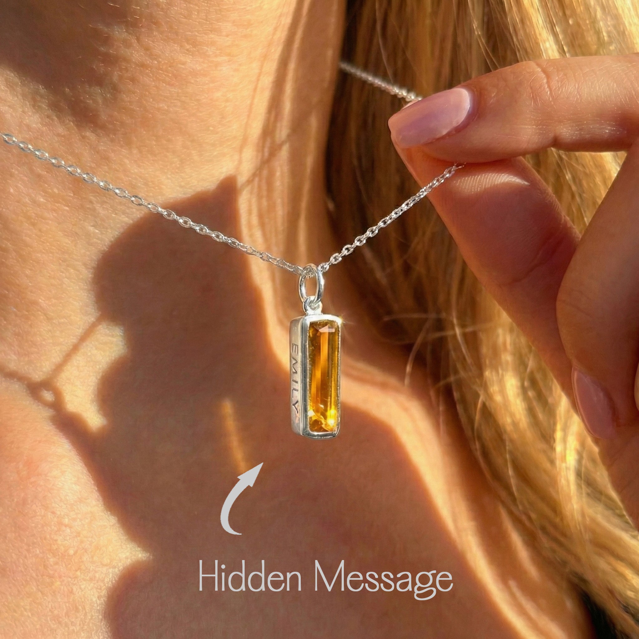Citrine baguette necklace with hidden message, personalized November birthstone bar necklace in sterling silver