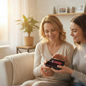 Two people smiling while gifting a custom engraved leather keychain, meaningful personalized gift for loved ones