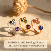 Mom of three birthstone rings in sterling silver , yellow gold and rose gold vermeil