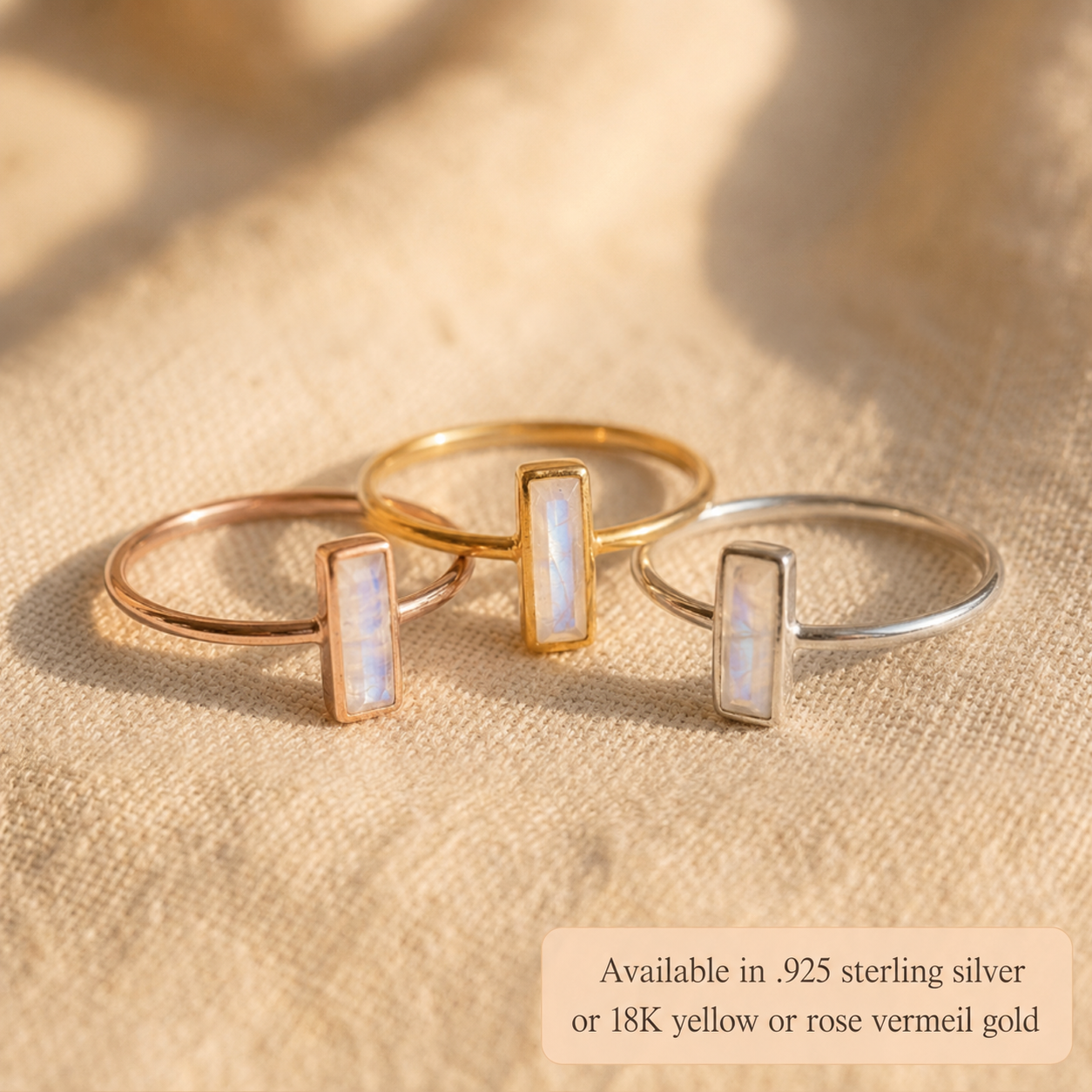 Moonstone bar rings in silver, yellow gold, and rose gold vermeil finishes.