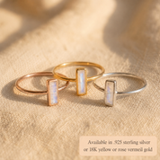 Moonstone bar rings in silver, yellow gold, and rose gold vermeil finishes.