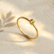 Single gold plated dainty 3mm Green Amethyst gemstone ring. February  birthstone. On white background. 925 sterling silver, birthstone ring, stacking ring, stackable, birthstone jewelry, facet gemstone