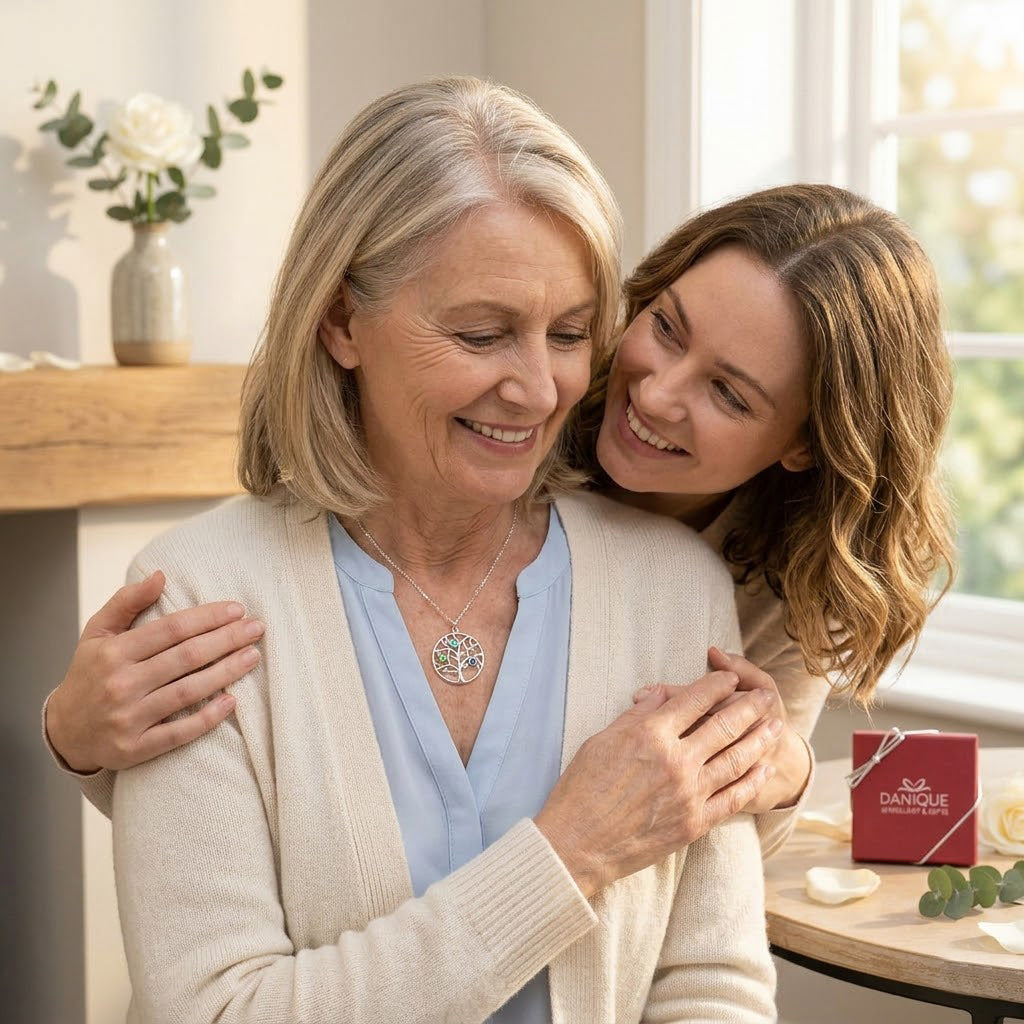 Personalized mom necklace gift shown with mother and daughter, custom birthstone family tree necklace for mom, meaningful family jewelry gift, sentimental Mother’s Day necklace, tree of life pendant with birthstones, custom necklace for mom from daughter, family birthstone pendant, gift for grandma, personalized jewelry for women, heartfelt keepsake necklace celebrating children and family connection